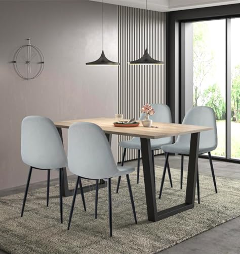 Hallowood Furniture Dudley Large Dining Table and Chairs Set 4-6 Seater | 150x80cm Kitchen Table with Chunky U Shaped Metal Legs and 4 Silver Grey Fabric Chairs, Modern Dining Set for Home and Office