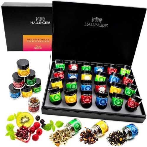Hallingers Tee Deluxe Selektion 24 - No. 1-24 Sorten Tee Geschenkset, vegan & glutenfrei in Schraubgläsern (Set) - Geschenk im Sommer & als perfektes Grillgeschenk | Geburtstag Glückwunsch Genesung