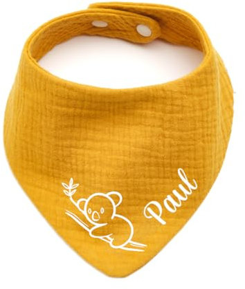 Personalisiertes Dreieckshalstuch aus Baumwolle/Musselin | Koala mit Namen | Halstuch für Jungen, Mädchen | Viele Farben (Senfgelb)