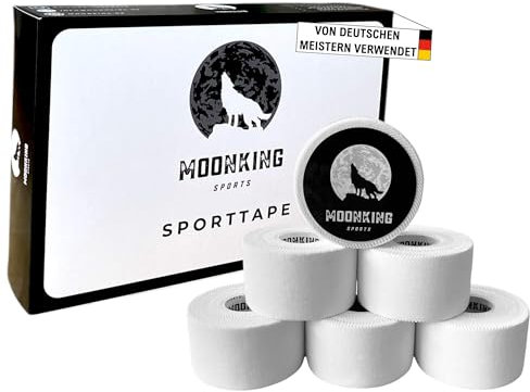MoonKing Sports - Sporttape (3,8cm x 10m) - Weiß - 6 Rollen - Medizinisches Sport Tape mit starker Haftung, Tapeverband selbstklebend, unelastisches Tape, Reißbar, Hautfreundlich - Stabilisierung