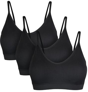 Basic Treasure 3er Pack Seamless Spaghetti BH ohne Bügel, Sport Bra mit Spaghettiträgern, Bustier mit Abnehmbarer Polsterung (S, 3X Schwarz)