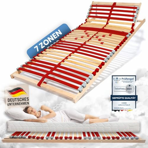 Coemo Lattenrost Ruby K 80 x 200 cm 7-Zonen 28 Leisten Kopfteil und Härtegrad verstellbar für Jugendbetten - für alle Matratzenarten | Schlaftypen