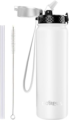 GOPPUS 1L/32oz Stainless Water Bottle with Straw Double Wall Insulated Bottles with Strap Reusable Vacuum Thermal Flask Leakproof Keep Cold Drinks Bottles with Flip Top Lid for Gym Men Women BPA Free