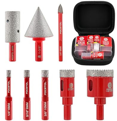 FOCSTOL Foret Diamant Carrelage Kit - 8 pièces (6/8/10/20/35mm+20mm Fraise+35mm Mèches Chanfrein Biseautées+6mm Foret au Carbure) Scie Cloche Diamantée pour Porcelaine Carrelage Marbre Granit