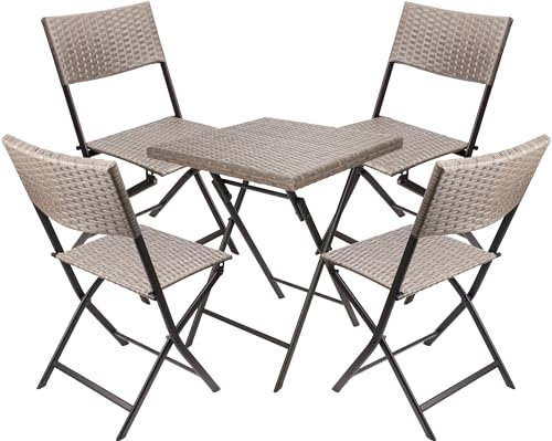 BRUBAKER Balkonset Toskana mit Tisch und 4 Stühlen - Wetterfest klappbar und platzsparend - Polyrattan Balkonmöbel Set - Sitzgruppe für Balkon Terrasse Garten - Bistroset Klappstühle Grau Braun