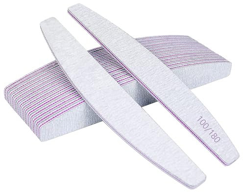 20 Pcs Professional Nail Files, 100/180 Grit, Double-Sided Washable Half-Moon Emery Boards for Nail Shaping, Manicure, and Salon or Home Use