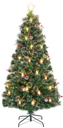 COSTWAY 5FT/6FT Pre-Lit Christmas Tree, Fiber Optic Artificial Xmas Tree with 8 Modes, Warm White LED Lights, Pine Needles, Pine Cones, Red Berries & Kerosene Lamps, Festive Celebration Tree (6FT)