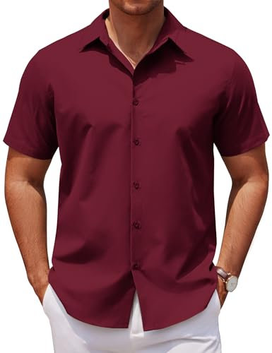 COOFANDY Business Shirts Men Short Sleeve Summer Casual Dress Formal Office Shirts for Men Adult Basic Classic Solid Color Top Date Red 3XL