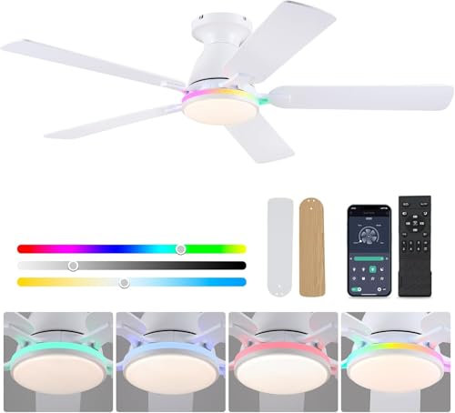 Ventilateur de plafond avec lumière, ventilateur de plafond 132CM RGB avec lumière et télécommande, réversible, dimmable, silencieux, ventilateur de plafond pour chambre à coucher intérieur/extérieur