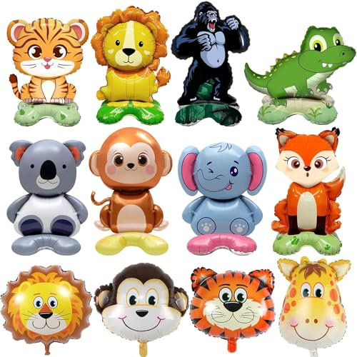 12Pcs Jungle Safari Animals Balloons, Jungle Theme Party Decorations for Children Birthday Party Baby Shower Decorations, 3D Lions Elephant Tiger Koala Monkey Foil Balloons