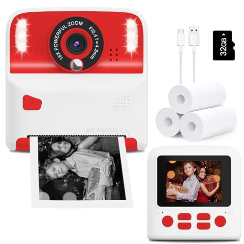 Instant Print Camera for Kids, Christmas Birthday Gifts Toys for Girls Boys Age 3-12, Portable Travel for Toddler Children Digital Cameras with 32GB Card That Prints Black White Photos (White&Red)