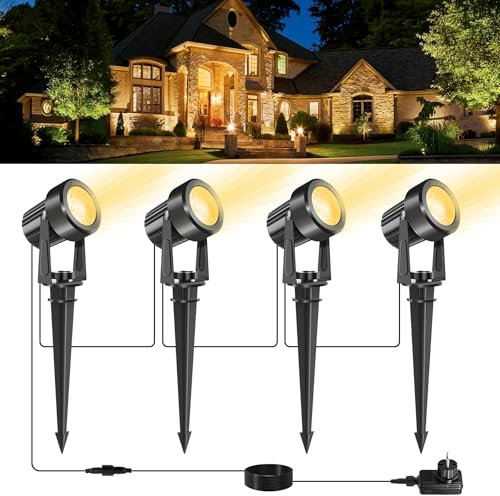 NATPOW Focos Led Exterior, Luz LED Focos Jardin con Estaca, Blanco Cálido 3000K luces de paisaje, IP65, Decorativa para Césped Camino Patio Pared (4 en 1)