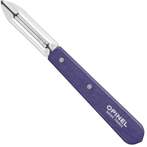 Opinel Gemüseschäler No. 115 Paysage violett, Sparschäler mit 6 cm Edelstahlklinge Sandvik 12C27 und Buchenholzgriff, doppelte Klinge für Rechts und Linkshänder