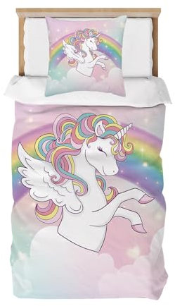 Caregchrisj Kinderbettwäsche Einhorn 135x200 Mikrofaser Bettwäsche Kinder Mädchen Rosa Regenbogen Muster Bettbezug und Kissenbezug 80x80 mit Reißverschluss
