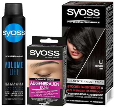 SYOSS Color Coloration 1_1 Schwarz Stufe 3 (1x 115 ml) bis zu 10 Wochen Farbintensität & Augenbrauen Kit Augenbrauenfarbe 1–1 Schwarz Stufe 3 (17 ml) & Trocken-Shampoo Volume Lift (200 ml)
