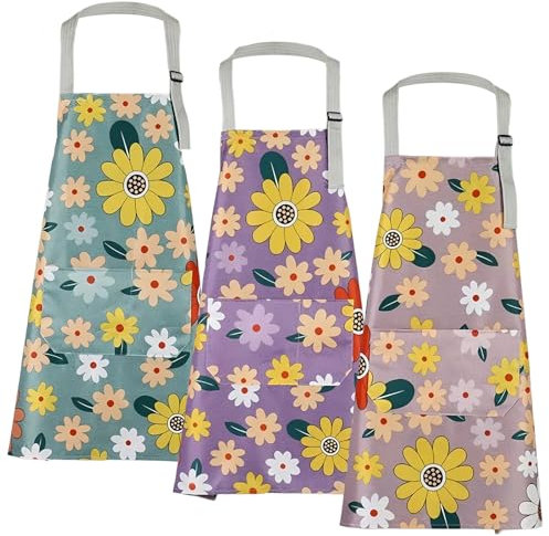 FeiOne 3 Stück Schürze Damen Blumenschürzen mit Grossen Taschen – wasserdichte & verstellbare Kochschürzen für Damen im Garten, Küche und Salon, Mehrfunktionale Schürzen mit Blumenmuster