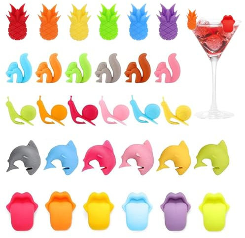 Minfuerang Marcadores de Vasos,Identificador de Copas para Fiestas Navidad,Silicona Comestible,Apto para Cóctel Vino Champán (30 Piezas)