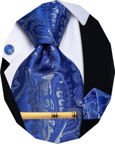 YourTies Royal Blue Ties for Men Floral Silk Necktie Pocket Square Cufflinks Tie Clip Set Wedding Party Business Formal