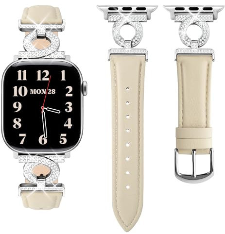 wutwuk Bracelet en cuir véritable compatible avec Apple Watch femme 42(S10)/40/41/38mm, iWatch Bracelet avec Boucle de ruban en strass pour iWatch SE/SE 2 Series 10 9 8 7 6 5 4 3 2 1, Beige+Argent