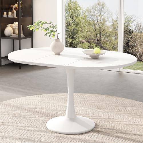 KAZZIO Mesa de comedor extensible ovalada para el tiempo libre, 100/140 x 100 x 75 cm, moderna y sencilla (blanco)