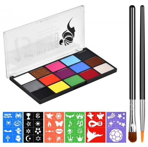 Focenat Set de Pintura Cara Infantil Pintura Facial 15 Colores, Pintura cara Niños, Pintacaras Infantil, Pintura Corporal y Facial, con Plantillas 4 Pinceles, Large Water Based Face Paint