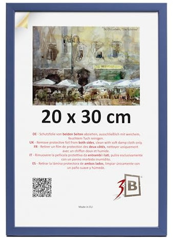 3-B Bilderrahmen LUND - Dunkelblau - 20x30 cm - Holzrahmen, Fotorahmen, Portraitrahmen mit Acrylglas