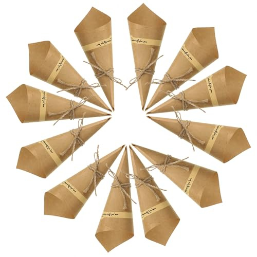 50 Stück Vintage Kraftpapier Kegel mit Hanfseilen Aufkleber Hochzeit, Hochzeit Konfetti Kegel, Schachteln für Schokolade, Süßigkeiten, Blumenstrauß DIY Partei Schachteln für Bankett