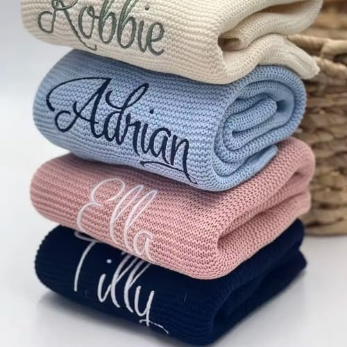 MINXLTD Personalisierte Babydecke Mit Namen, Individuell Gestrickt Mit Stickerei, Monogrammierte Neugeborenen-Babygeschenke for Babypartys, Kinderwagen, Autositz