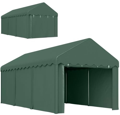Outsunny Carport 3x6 m Wasserdicht mit Rolltüren für Auto LKW SUV Grün | Abnehmbaren Seitenwänden, UV-Beständig, Lagerzelt mit Dach, Zeltgarage, Garagenüberdachung, Unterstand, Weidezelt