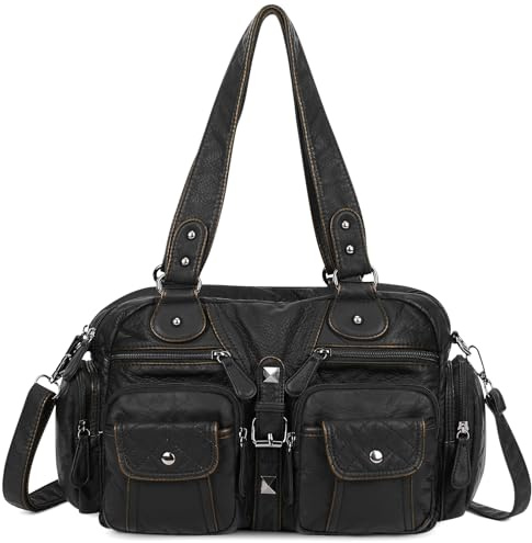 VINBAGGE Damen Handtasche Große Schultertasche PU Leder Henkeltasche Frauen Weiches Hobo Tasche Umhängetasche für Reisen Schule Shopping Mädchen,L-Schwarz