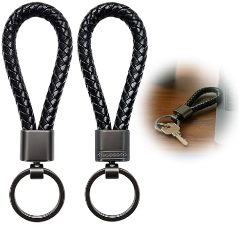 tiyiyok 2 Pièces Porte CléS en Cuir Tressé, Porte Clef Cuir, Tricoté à la Main, pour Homme et Femme, Convient pour la Maison, la Voiture, la Moto, le Vélo, etc (Noir)