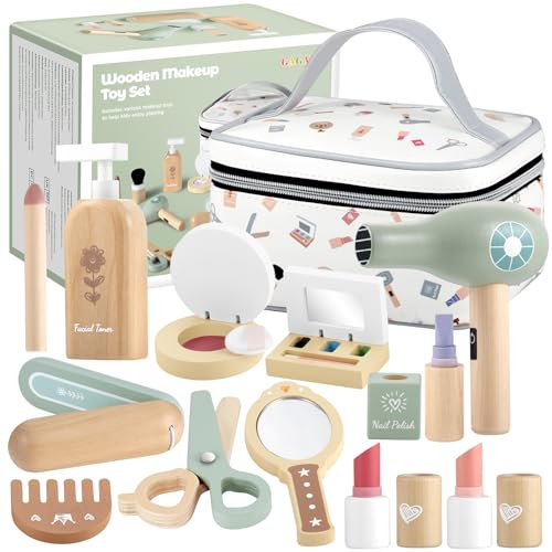 GAGAKU 16-TLG. Holz-Schminkkoffer für Mädchen ab 3 Jahren Kinderschminke-Set aus Holz mit realistischem Zubehör wie Lippenstift & Spiegel Perfektes Rollenspiel-Kosmetikset für Kinder
