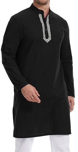 YAOHUOLE Kurta for Men Cotton Linen Long Sleeve Thobe with Pockets