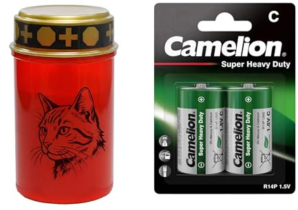 Fachhandel Plus LED Grablicht Katze, batteriebetriebenes Gedenklicht mit flackernder LED Flamme als sicherer Grabschmuck für Tiergrab und Gedenkplatz - ewiges Licht (Rot, Katzenkopf)