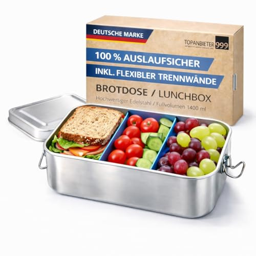 Premium Lunchbox 1400 ml aus Edelstahl – auslaufsichere Brotzeitbox mit Fächern, nachhaltige Bento-box oder Brotdose für Kinder und Erwachsene - Dose incl. Dichtungen für Lunch-Jausenbox