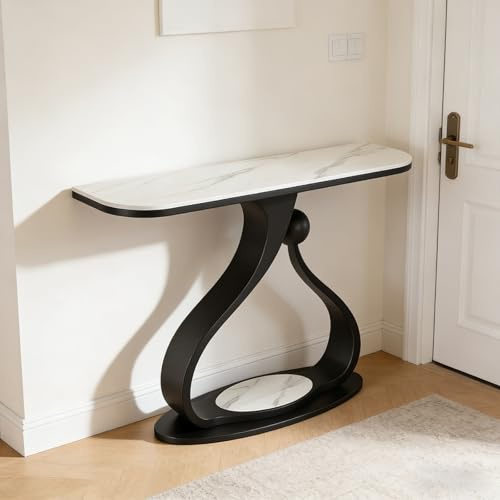 HPIRFYE Table Console en Pierre Frittée avec Cadre en Forme De Cœur, Disponible en Plusieurs Tailles, Table D’appoint Contemporaine Décorative, pour Salon, Hall Ou Entrée(White+Black,120cm)