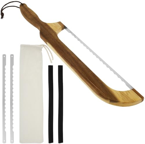 Bread Bow Cutter,16.73 Wooden Bread Bow Saw Knife Stainless Steel Slicer,Sourdough Serrated Bagel Slicer with Wooden Handle and Replacement Blades,For Cutting Pastry Cake Fruit Homemade Breads
