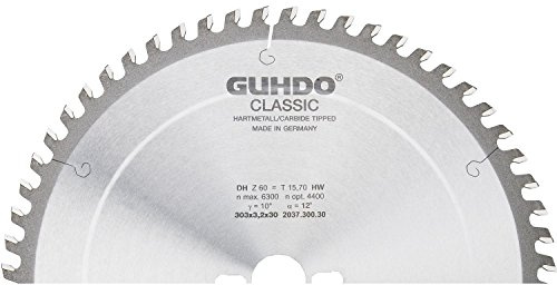 GUHDO Sägeblatt 250x3,2 | Bohrung: 30mm | Z48 DH | Made in Germany | für Holz, Kunststoff | für Fertigschnitte in beidseitig kunststoffbeschichteten Plattenwerkstoffe
