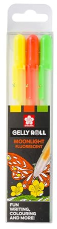 SAKURA Gelly Roll Moonlight Gel Pens - Set of 3 Colours - Fluorescent Yellow, Orange, Green - Bright Opaque Ink for Drawing & Doodling