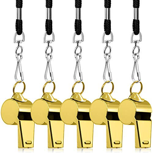 5 Packs Edelstahl Whistle, FineGood Loud Metal Pfeife mit Lanyard für Schiedsrichter Trainer Lifeguards Überleben Emergency Football Basketball Fußball Hockey - Gold