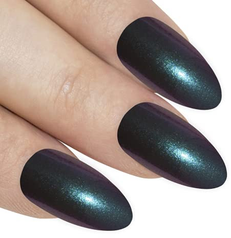 Bling Art Almond False Nails Fake Stiletto Chameleon Green Purple Long Tips