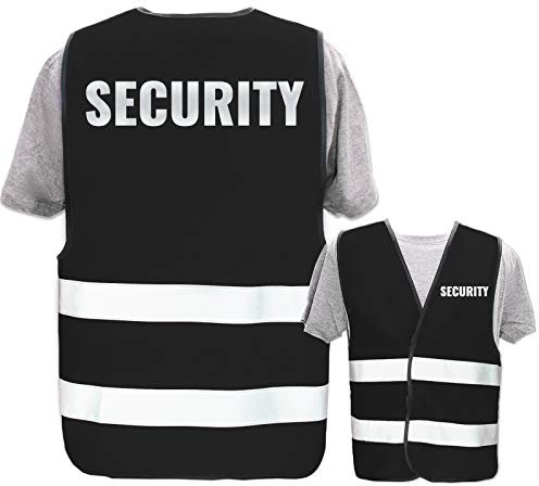 Bedruckte Warnwesten mit ISO-Leuchtstreifen * Standard- oder Reflex-Druck * Thema Sicherheit & Team, Warnweste Begriffe Security:Security (Reflektierend), Farbe + Größe:Schwarz (M/L)