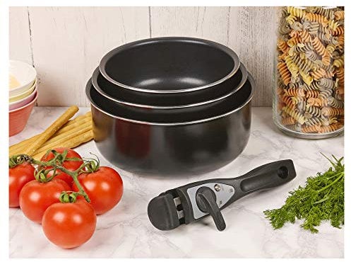 Black 4 Piece Saucepan Cookware Set - Easily Stacks and Saves Space in Cabinet- Detachable Handles - Works on Induction - Pressed Aluminium with Non-Stick Coating