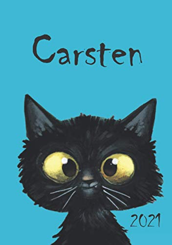 2021: personalisierter Kalender - Carsten - DIN A5 - eine Woche pro Doppelseite - freche Katze