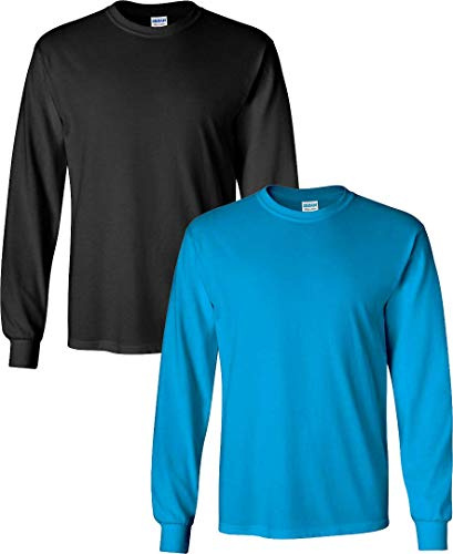 Gildan Men's Ultra Long Sleeve Rib-Knit Cuffs T-Shirt (2-Pack) SML/Black+Sapphire