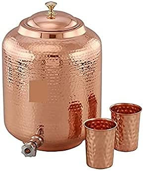 Will and Weaves Pure Hammered Copper Water Dispenser with Tap Matka Water Jug Copper Pot Copper Pitcher with Tap 4 Litre with 2 Copper Hammered Water Glasses