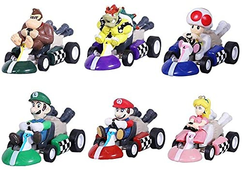 HUAWELL Super Mario Bros Kart Pull Back Autos Motorrad Luigi Yoshi Toad Prinzessin Peach Donkey Kong 2,5 cm für Kinder + Geschenk (6 Stück)