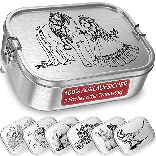 TAKWAY Edelstahl Brotdose Kinder mit Fächern 800ml | Auslaufsicher | Bento Box mit Unterteilung variabel | Jausenbox Brotbox Kindergarten Kita Schule (Prinzessin, 3-Fächer)