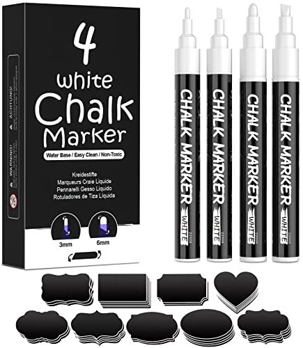 YYSHUS Weißer Kreidestifte, Kreidestifte für Tafel Abwaschbar, 4 Flüssiger Kreidemarker Set mit 45 Etiketten, Fensterstifte Abwaschbar, Kreidestifte für Fenster, Tafel, Glas, Spiegel