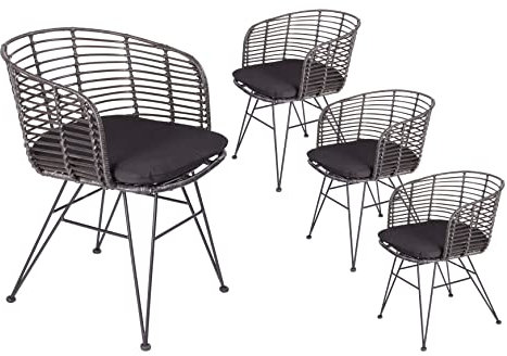 SAM 4er Set Rattanstuhl Nairobi, Farbe Anthrazit, inklusive Sitzkissen, Korbstuhl mit Metallfüßen, Geflechtstuhl/Eisenstuhl im Retro-Design, Esszimmerstuhl mit Armlehnen